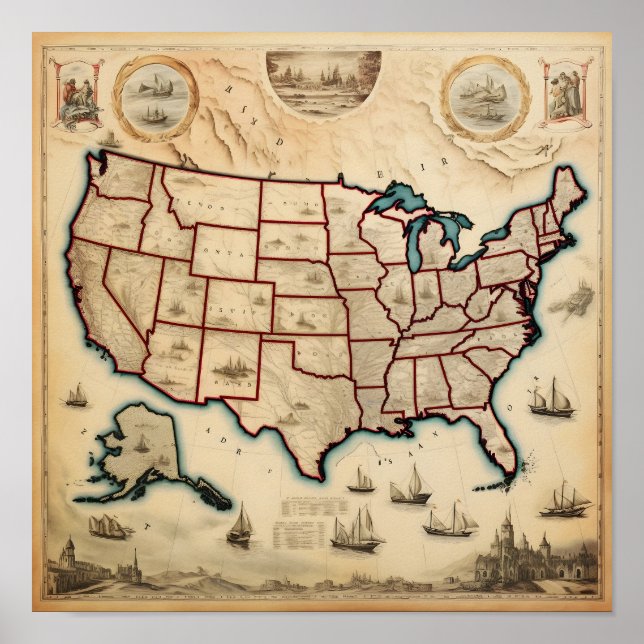 Illustrierte Karte der USA Poster (Vorne)