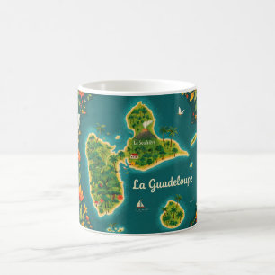 Illustrierte Karte Guadeloupe – Tropische Insel    Kaffeetasse