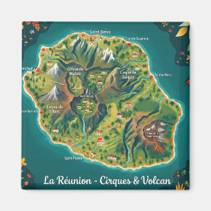 Illustrierte Karte La Réunion – Cirques & Vulkan Magnet