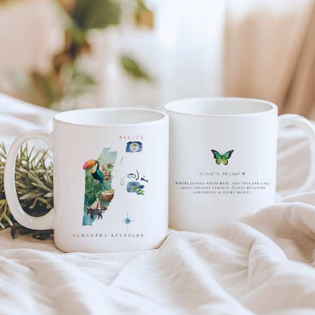 Illustrierte Karte von Belize | Monogramm Kaffeetasse (Von Creator hochgeladen)