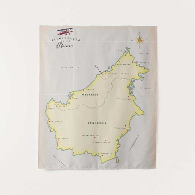 Illustrierte Karte von Borneo Wandteppich (Vorderseite)
