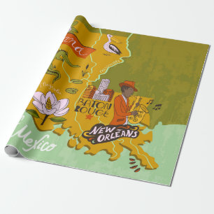 Illustrierte Karte von Louisiana, USA. Reise und R Geschenkpapier