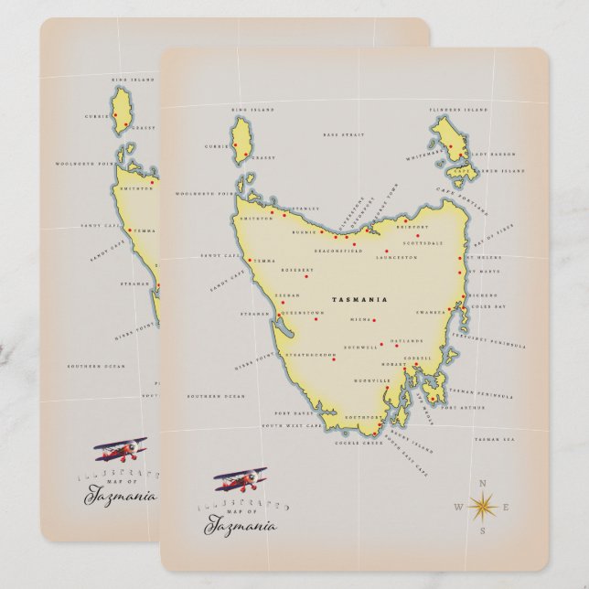 Illustrierte Karte von Tasmanien. (Vorne/Hinten)