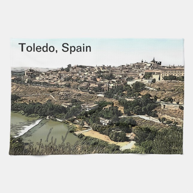 Illustrierte Landschaft Kunst Toledo, Spanien Geschirrtuch (Horizontal)