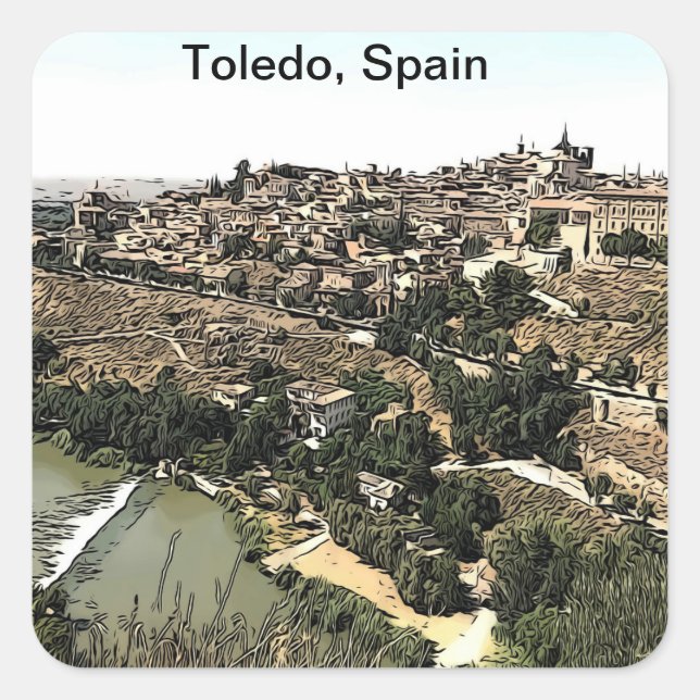 Illustrierte Landschaft Kunst Toledo, Spanien Quadratischer Aufkleber (Vorderseite)