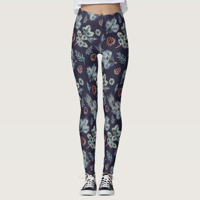 Illustrierte Leggings in Navy Blue und Green Pine  (Vorderseite)