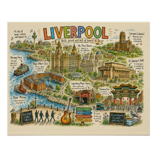 Illustrierte Liverpool-Sehenswürdigkeiten und Musi Poster