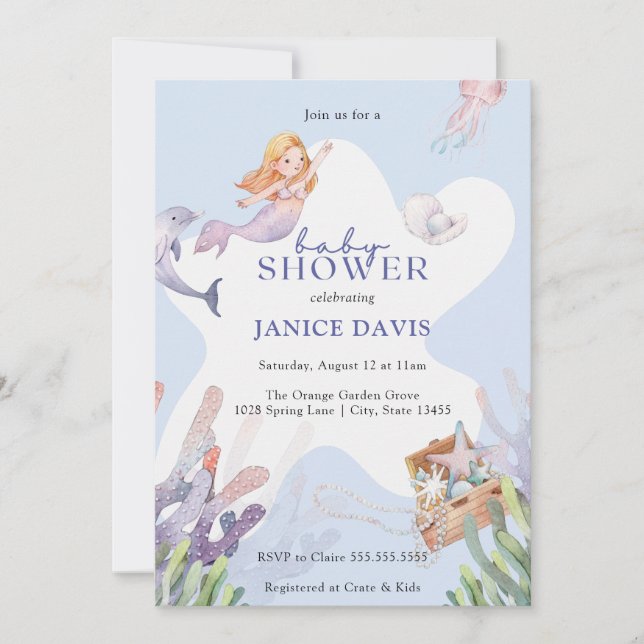 Illustrierte Mermaid Baby Dusche Einladung (Vorderseite)