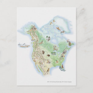 Illustrierte Nordamerika-Landkarte Postkarte