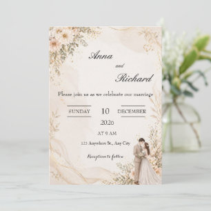 Illustrierte Paare und hellrosa Blumen-Hochzeitsei Einladung