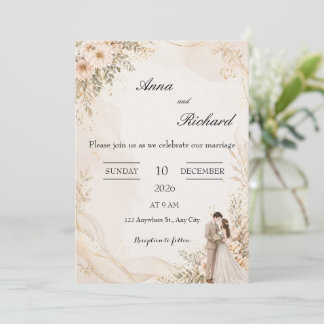 Illustrierte Paare und hellrosa Blumen-Hochzeitsei Einladung