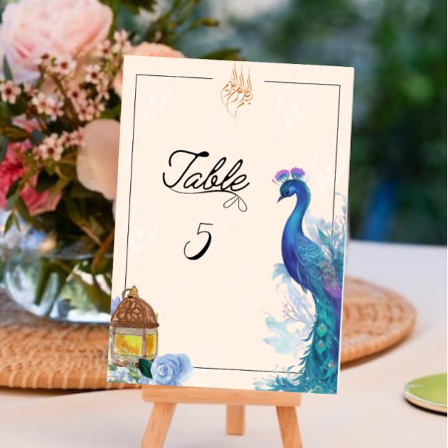 illustrierte Pfauenmuslime-Karte Tischnummer (Illustrated Peacock Bismillah table Sign)