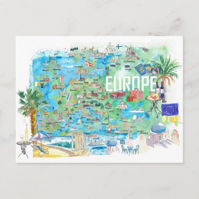 Illustrierte Reisekarte Europa Postkarte (Vorderseite)
