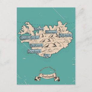 Illustrierte Reisekarte Island Ankündigungspostkarte