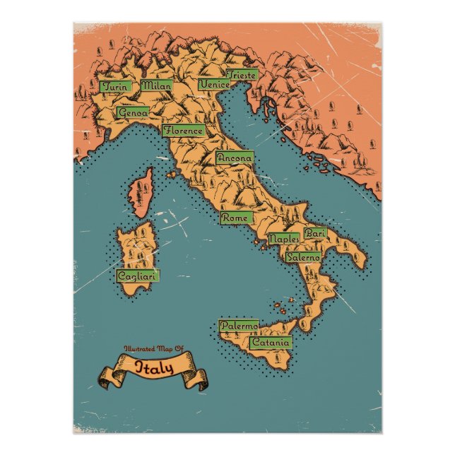 Illustrierte Reisekarte Italiens Poster (Vorderseite)