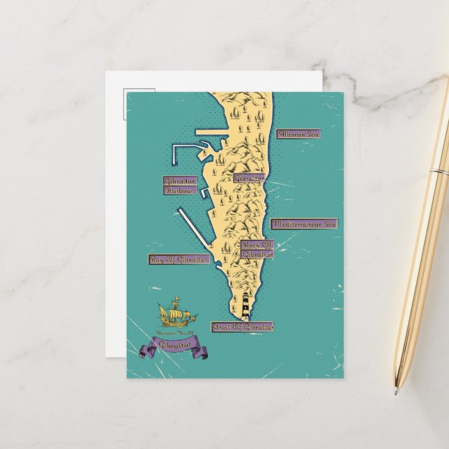 Illustrierte Reisekarte von Gibraltar Ankündigungspostkarte (Vorderseite/Rückseite Beispiel)