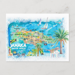 Illustrierte Reisekarte von Jamaika mit Straßen Feiertagspostkarte