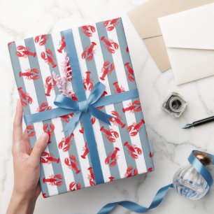 Illustrierte Rote Hummer auf hellgrau-blauem Strei Geschenkpapier