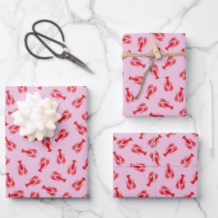 Illustrierte Rote Hummer auf Hellrosa Geschenkpapier Set
