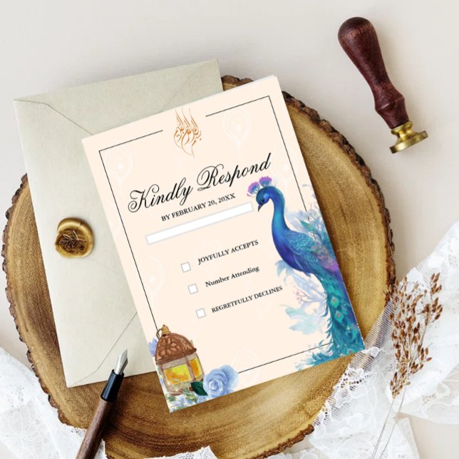 Illustrierte RSVP-Karten von Peacock Arabian RSVP Karte (illustrated peacock muslim rsvp wedding card)