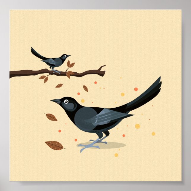 Illustrierte Schwarze Vögel im Herbst Poster (Vorne)