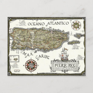 Illustrierte spanische Puerto Rico-Karte auf Postk Postkarte