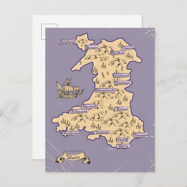 Illustrierte Wanderkarte von Wales Einladungspostkarte (Vorne/Hinten)