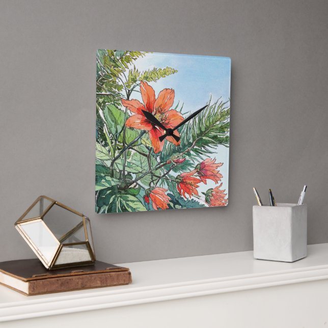 Illustrierte Wasserfarbe Botanische Orangenblüte Quadratische Wanduhr (Büro)