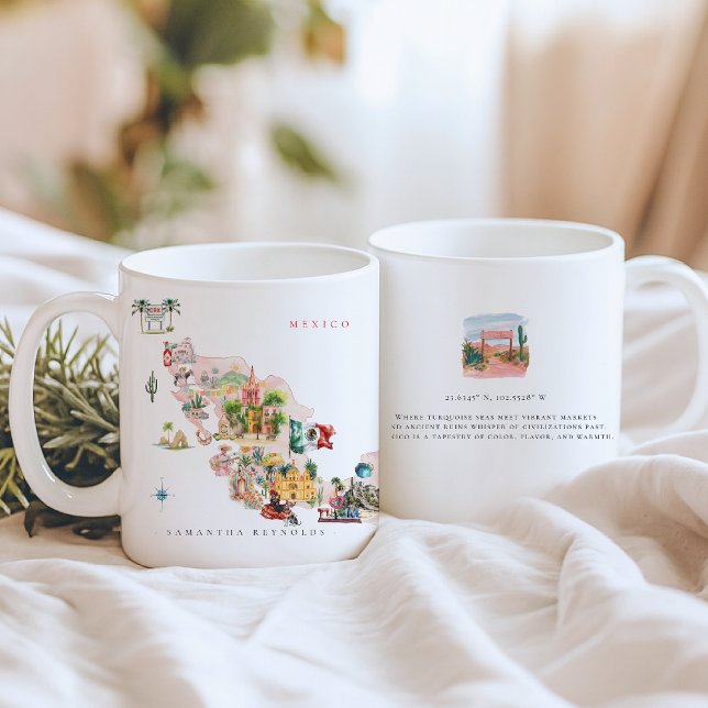 Illustrierte Wasserfarbkarte Mexikos | Monogramm Kaffeetasse (Von Creator hochgeladen)