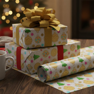 Illustrierte Weihnachtsbäume & goldene Ornamente Geschenkpapier