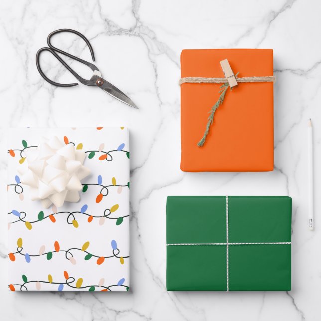 Illustrierte Weihnachtsbeleuchtung rot/grün Geschenkpapier Set (Vorderseite)