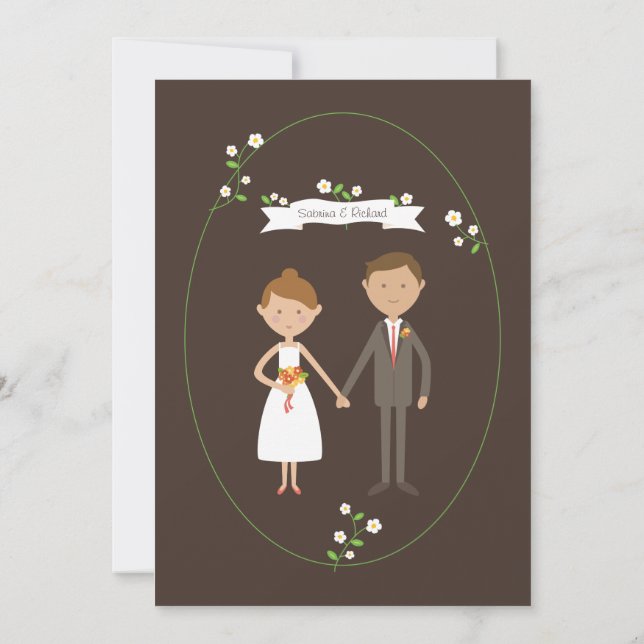 Illustrierter Cartoon Couple Portrait Hochzeit Einladung (Rückseite)