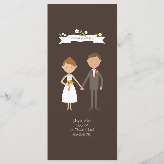 Illustrierter Cartoon Couple Portrait Hochzeit Programm (Vorderseite)