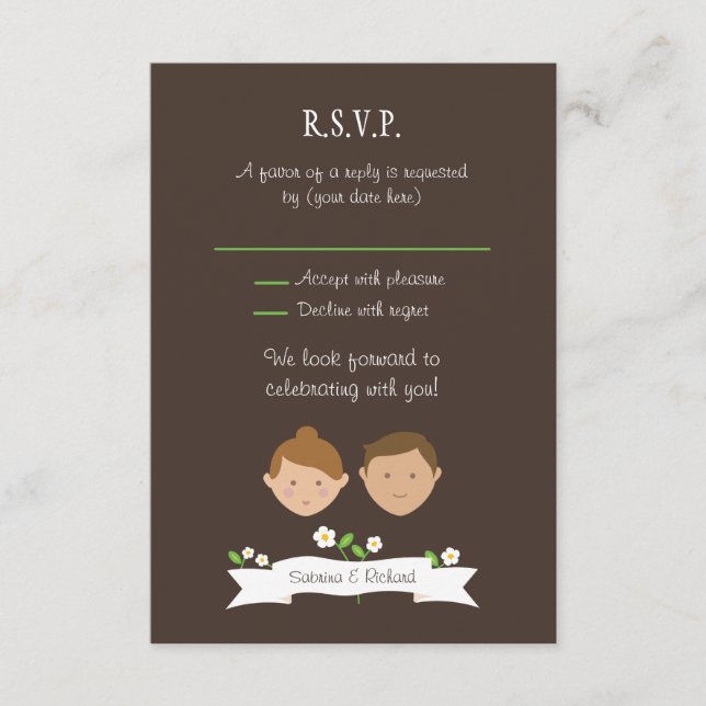 Illustrierter Cartoon Couple Portrait Hochzeit RSVP Karte (Vorderseite)