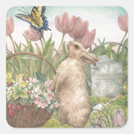 Illustrierter Frühlingshase im Garten Quadratischer Aufkleber