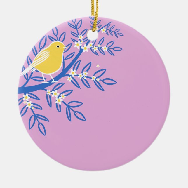 Illustrierter Gelbbvogel auf rosa Hintergrund Keramik Ornament (Vorne)