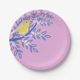Illustrierter Gelbbvogel auf rosa Hintergrund Pappteller