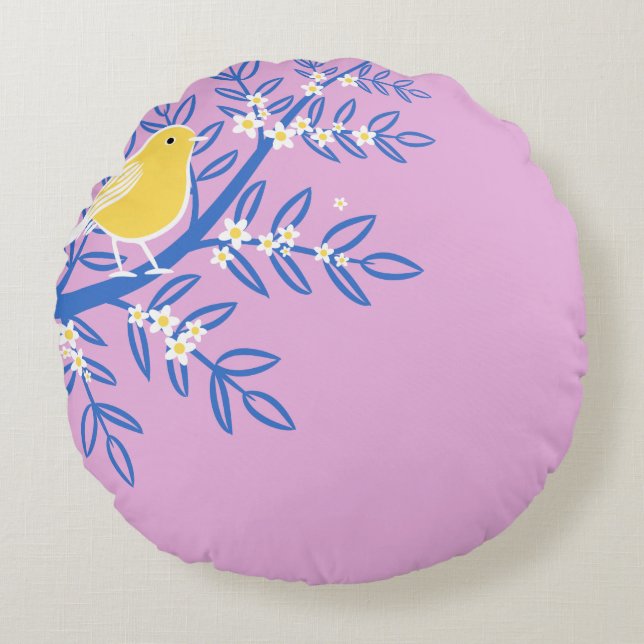 Illustrierter Gelbbvogel auf rosa Hintergrund Rundes Kissen (Vorderseite)