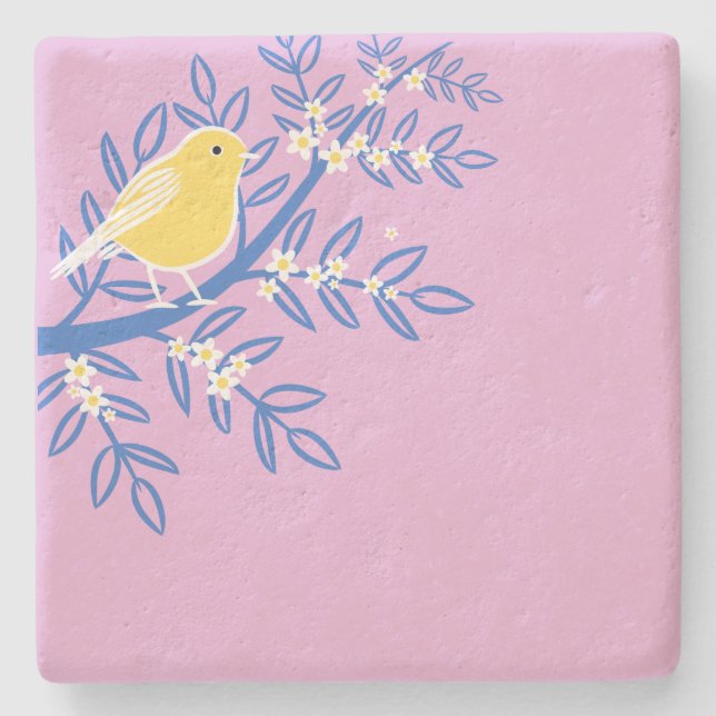 Illustrierter Gelbbvogel auf rosa Hintergrund Steinuntersetzer (Vorderseite)