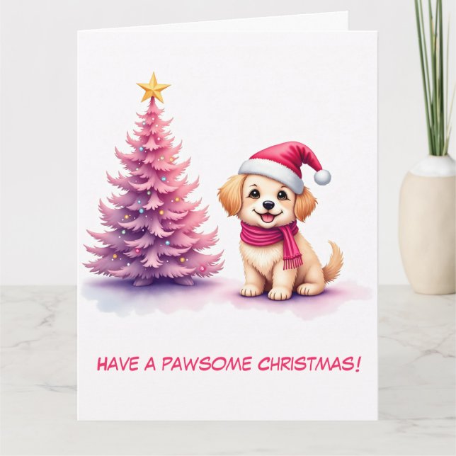 Illustrierter Goldener Retriever in rosa Weihnacht Karte (Vorderseite)