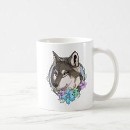 Illustrierter Grauer Wolf und Blume Kaffeetasse