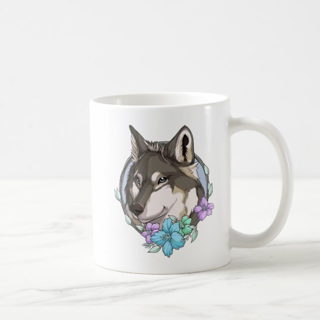Illustrierter Grauer Wolf und Blume Kaffeetasse (Rechts)