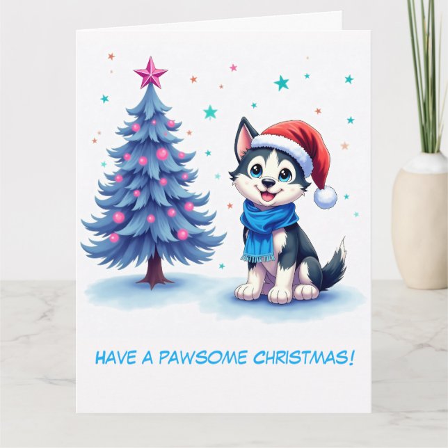 Illustrierter Husky und Weihnachtsbaum Karte (Vorderseite)
