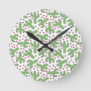 Illustrierter Kaktus u. rosa Blumen-Muster Runde Wanduhr