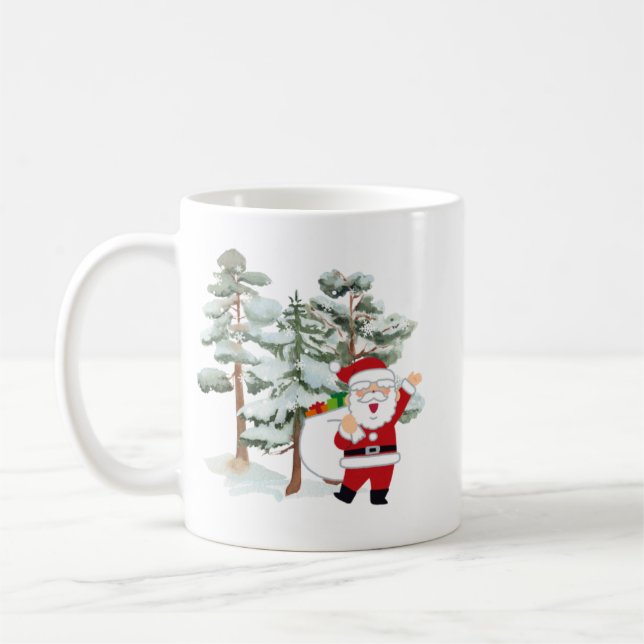 Illustrierter Red Jolly Santa mit grünen Schneebäu Kaffeetasse (Links)