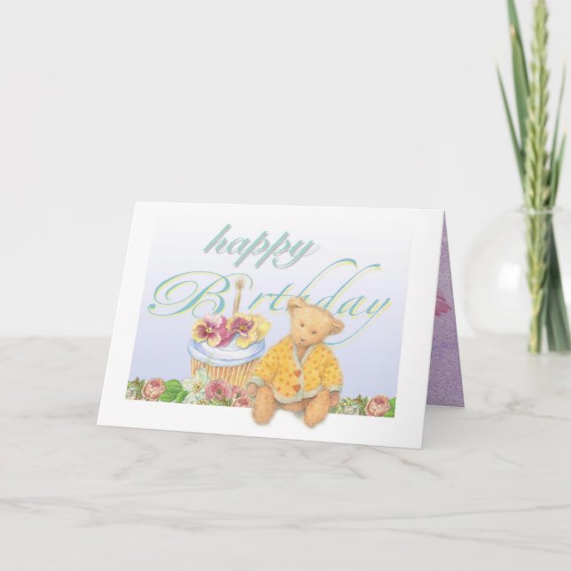 Illustrierter Teddybear Kuchen-Geburtstag Karte (Vorderseite)