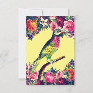 Illustrierter Vintage-Papagei und Blumen Karte
