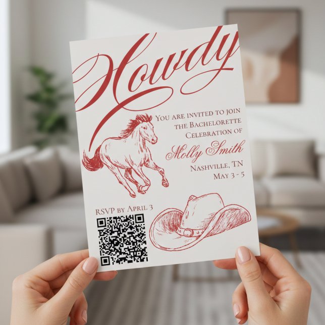 Illustrierter Western Roter Bachelorette Einladung (Illustrated Western Red Bachelorette Itinerary Invitation)