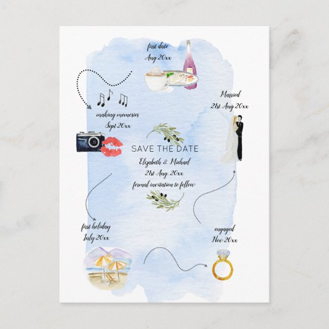 Illustrierter Zeitplan Save the Date Postkarte (Vorderseite)