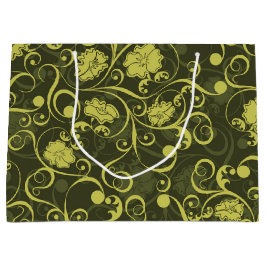 Illustriertes Blumenmuster in Schwarz und Grün Große Geschenktüte